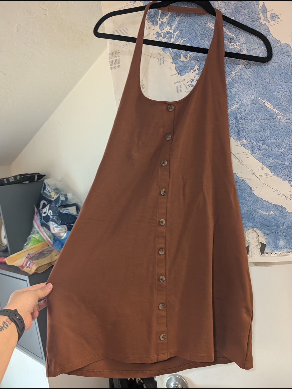 Divided Brown Button-Front Halter Mini Dress